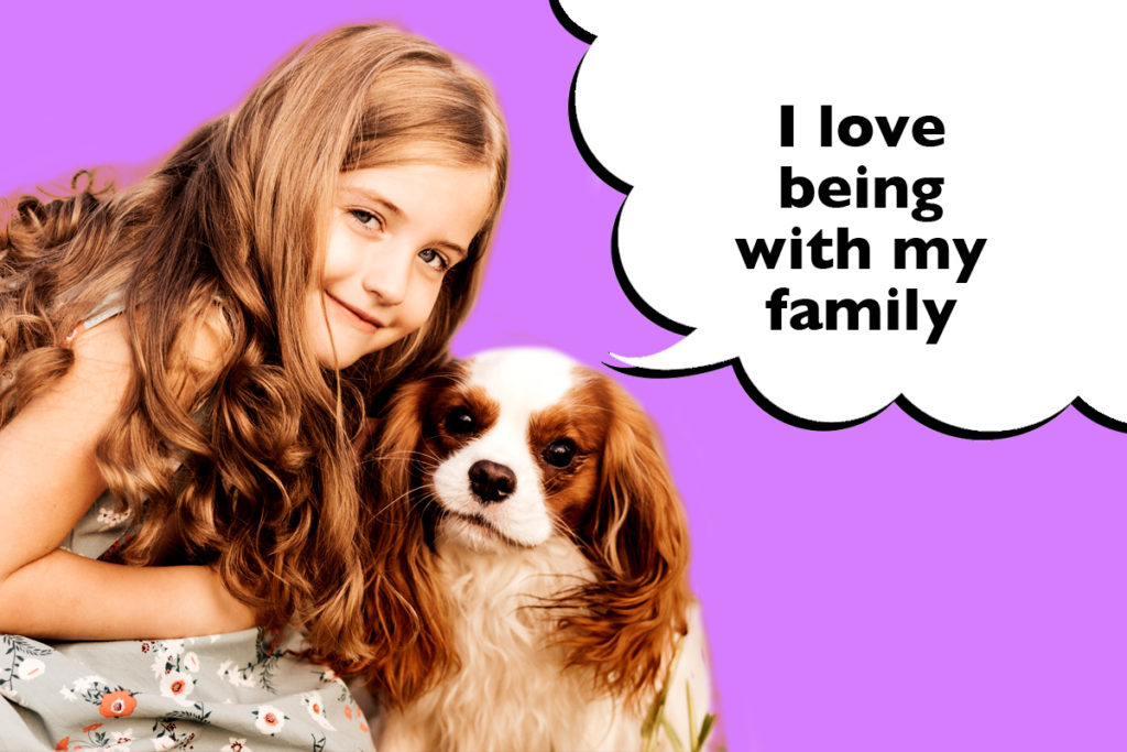 Girl crouched down hugging her Cavalier King Charles Spaniel on a purple background with a speech bubble that says 'I love being with my family'